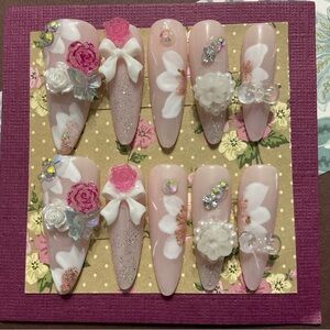 Floral Pink & White, Bridal Collection,  Press-On Nails,  Size Large, # 015